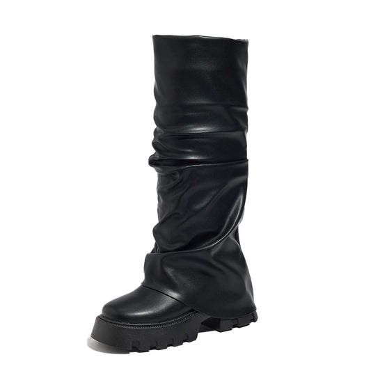Tasteall Fold Over Boots for Women, Wide Calf Slouchy Boots, Chunky Platform Boots with Mid Calf, Black Size 7