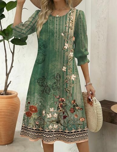 Zeagoo Boho Dresses for Women 2026 Crewneck 3/4 Sleeves A line Casual Flowy Swing Dress Summer Midi Long Sundress Floral-840 S