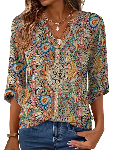 Kistore Boho Tops for Women Going Out 3/4 Sleeve Blouses Dressy Casual V Neck Spring Flowy Shirts Colorful Floral M