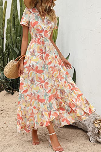 PRETTYGARDEN Women's Summer Wrap Maxi Dress Casual Boho Floral V Neck Short Sleeve Ruffle Hem Split Beach Long Dresses (White Floral,Medium)