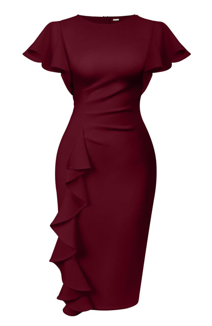 Cato Fashions Online - Women's Vintage Ruffle Sleeve Bodycon Midi Dress - Church Work Office Pencil Dress Wine Red