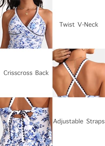 ROSEWE Two Piece Tankini Swimsuits for Women, Tummy Control Bathing Suit with Skirt, V-Neck Swimdress Navy Blue