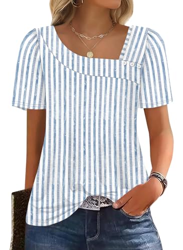 WIHOLL Womens Tops Summer Outfits Spring Clothing Short Sleeve Tshirts Shirts 2026 Trendy Dressy Business Casual Blouses Blue Stripes S