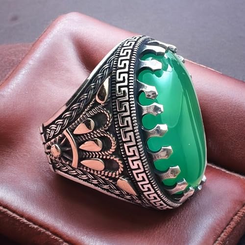 Big Stone,Yemen's Verdant Beauty Large Green Agate Ring in 925 Sterling Silver,Authentic Yemeni Agate Stone in 925 Silver - Statement Piece عقیق یمانی (11.5)