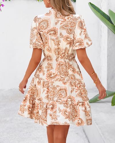 BTFBM Women Summer Floral Short Dresses V Neck Short Sleeve Tiered Ruffle Boho Swing Dress A-Line Mini Dresses(White Apricot Floral,Large)