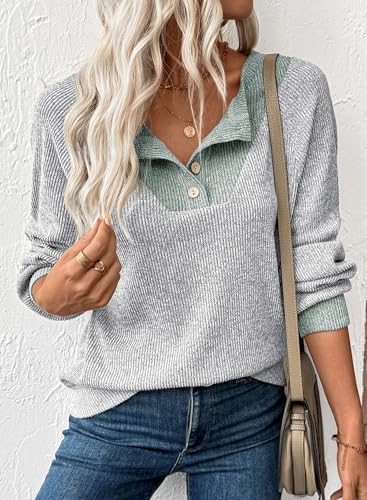 EVALESS Womens Spring Fashion 2026 Long Sleeve Shirts Patchwork Button Up V Neck Plus Size Sweatshirt Casual Trendy Pullover Teacher Outfits Tops Light Grey XX-Large