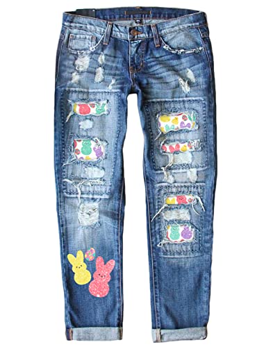 American Flag Pants - Astylish Womens Plaid Patch Ripped Boyfriend Distressed Stretch Skinny Denim Jeans with Hole F14 Bunny Eggs