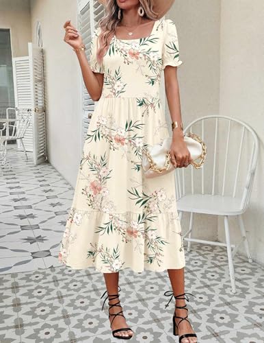 Zeagoo Casual Dress Summer Aline Dresses Short Sleeve Midi Sundresses Womens T-Shirt Dresses Square Neck Floral Vacation Dress with Pockets L