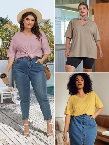 ATHMILE Womens Summer Oversized Shirts V Neck Plus Size Spring Workout Tops Beach Vacation 2025 Gym Clothes Khaki