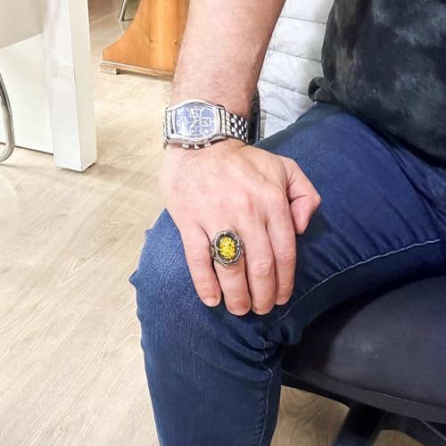 KAMBO Created Stone Ring, Elegant Handmade 925K Sterling Silver Men's Ring, (Honey Amber Created)