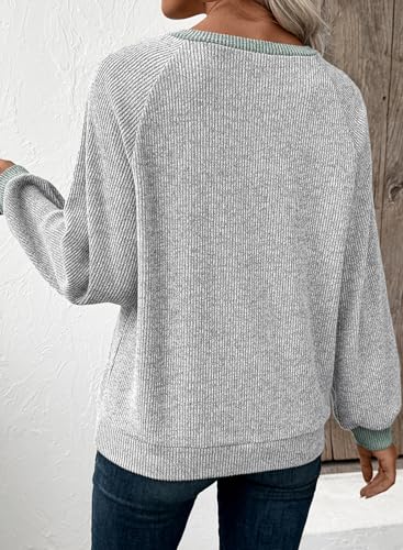 EVALESS Womens Spring Fashion 2026 Long Sleeve Shirts Patchwork Button Up V Neck Plus Size Sweatshirt Casual Trendy Pullover Teacher Outfits Tops Light Grey XX-Large