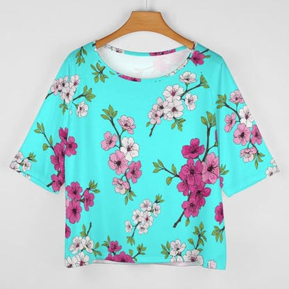 Off Shoulder Mid Sleeve Top Flowy Soft Women's Shirt Daily Wear Fashion Spring Blossom Cherry Peach Flower Pattern 3XL