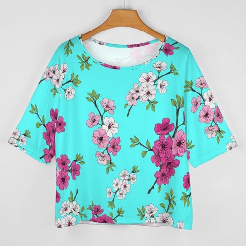 Off Shoulder Mid Sleeve Top Flowy Soft Women's Shirt Daily Wear Fashion Spring Blossom Cherry Peach Flower Pattern 3XL