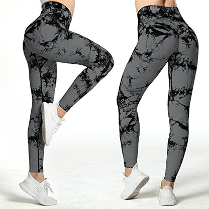 MOHUACHI Tie Dye Seamless Leggings for Women High Waist Yoga Pants, Scrunch Butt Lifting Workout Tights (Tie Dye Black Gray, XLarge)