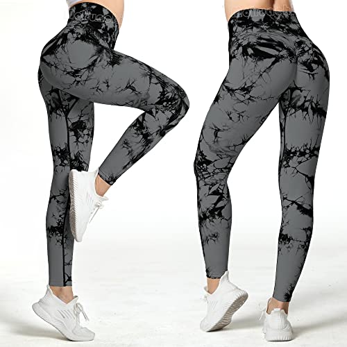 MOHUACHI Tie Dye Seamless Leggings for Women High Waist Yoga Pants, Scrunch Butt Lifting Workout Tights (Tie Dye Black Gray, XLarge)