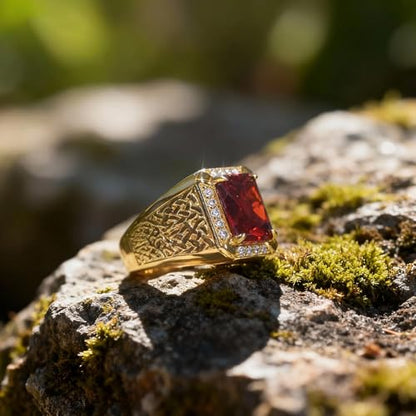 PEIMKO Red Ruby Ring for Men 14K Gold Plated in Sterling Silver Celtic Knot Red Ruby Wedding Band Ring Size 7
