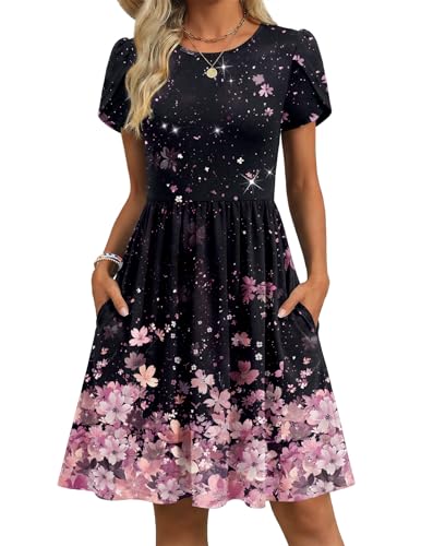 Zeagoo Beach Dress Women Short Sleeve Casual Floral Print A-Line Swing Mini Beach Sundress with Pockets Hawaiian Tropical Vacation Crew Neck