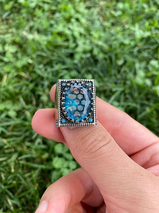 Takilingo Man Silver Aquamarine Stone Blue Aquamarine Stone Vintage Men Seal Of Solomon Prophet Star Of David Ring 925k Sterling Silver (10)