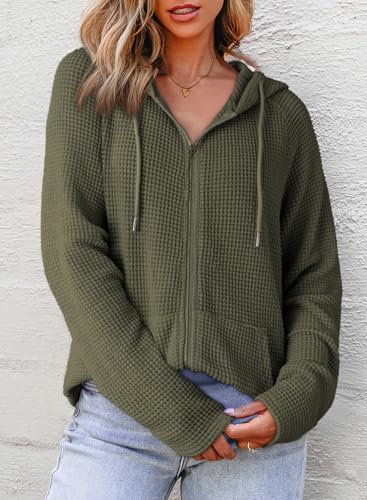 Dokotoo Womens Casual Plus Size Full Zip Up Hoodies Long Sleeve Solid Hooded Sweatshirts Waffle Knit Pockets Jacket Coat for Women 2026 Fall Fashion Outfits Green XXLarge