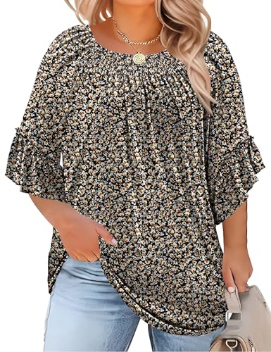 Women's Plus-Size Fashion 2025 Trendy Womens 3/4 Sleeve Tops and Blouses Ruffle Bell Sleeve Pleated Dressy Casual Tops Black Floral