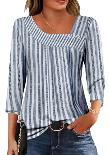 Dimur 3/4 Length Sleeve Womens Tops Asymmetrical Neck Stripes Print Top Ladies Blouses Resort Wear for Women 2026 X-Large