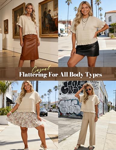 Yeokou Womens Short Sleeve Sweater Round Neck Ruffled Hem Knit Crochet Pullover Summer Fall Casual Top Blouse(Khaki-M)
