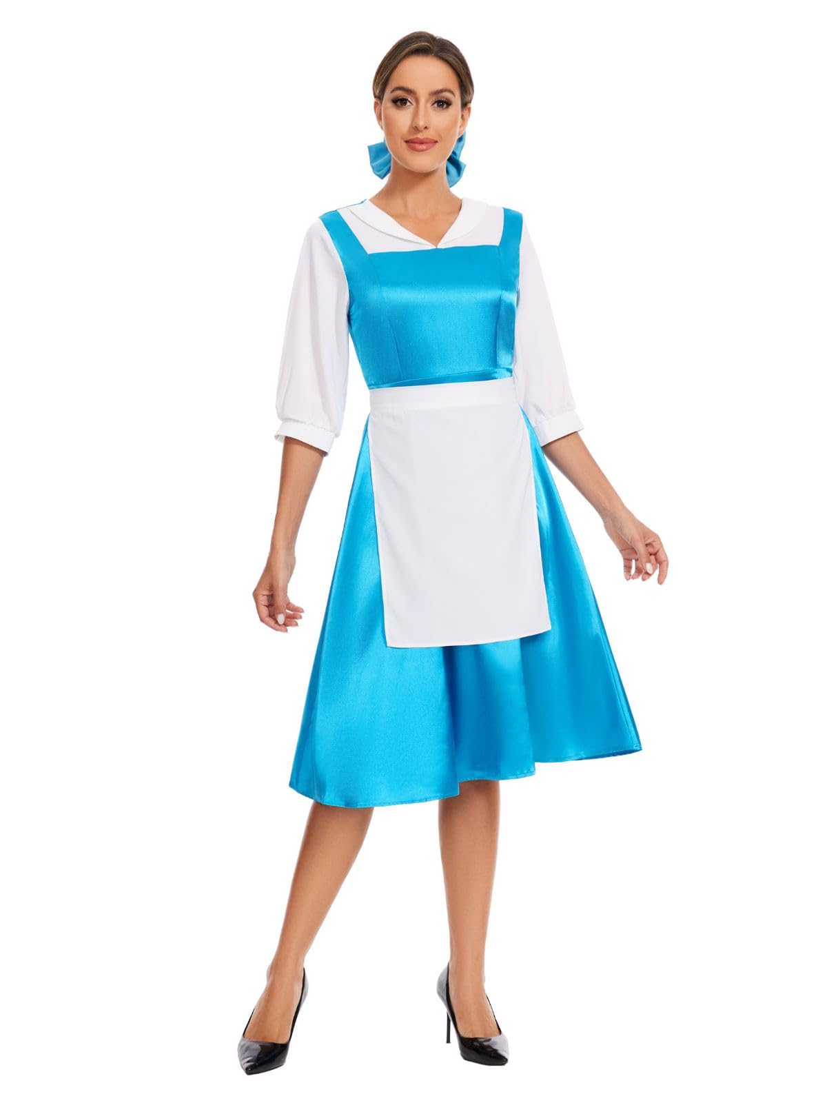 Women's Belle Costume - Blue Maid Dress with Apron and Hair Bow