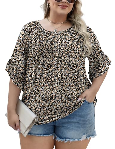 Women's Plus-Size Fashion 2025 Trendy Womens 3/4 Sleeve Tops and Blouses Ruffle Bell Sleeve Pleated Dressy Casual Tops Black Floral