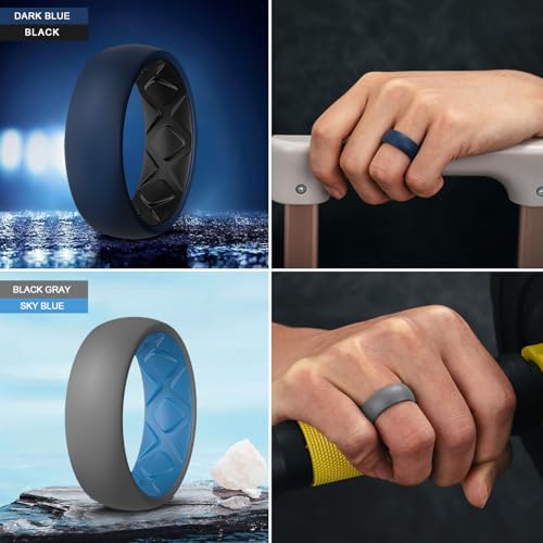 Egnaro Silicone Ring Men 1/4/5/6/7 Multipack of Breathable Mens Silicone Rubber Wedding Rings Bands with Air Flow Grooves