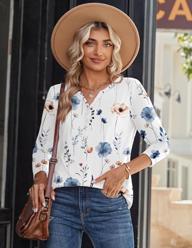 Zeagoo Long Sleeve Shirts for Women Casual Henley V Neck Fall Tops Business Work Blouses Clothes Floral White