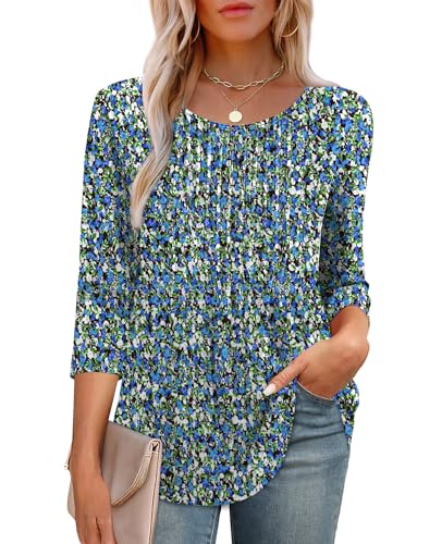 XIEERDUO Womens Tops Dressy Casual Summer 3/4 Length Sleeve Tops Women Blouses Early Spring Fashion Clothing Outfits 2026 Beach Vacation Spring Clothes F-Blue Floral XL