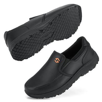 HISEA Non Slip Work Shoes for Men, Water & Oil Resistant Leather Slip on Kitchen Shoes, Comfortable Mens Slip Resistant Chef Shoes for Restaurant Food Service, Lightweight Walking Shoes, Black