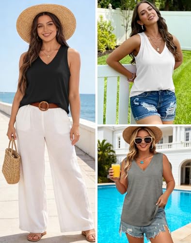 KKJ 3 Pack Womens Tank Tops 2026 Spring Summer Vacation Outfits V Neck Loose Sleeveless Blouse Casual Shirts Fashion Clothes Black/White/Grey