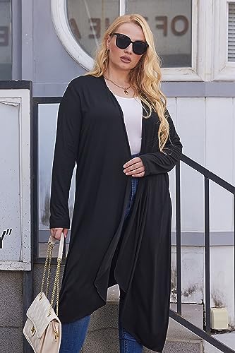Women's Plus Size Long Sleeve Waterfall Asymmetric Drape Open Long Maxi Cardigan (Black, 5XL)