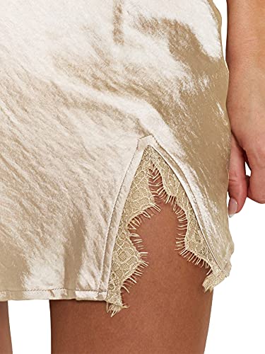 Cream Satin Skirt Outfit - LYANER Womens Satin Lace Trim Split Slit Hem Zipper High Wasit Mini Short Skirt