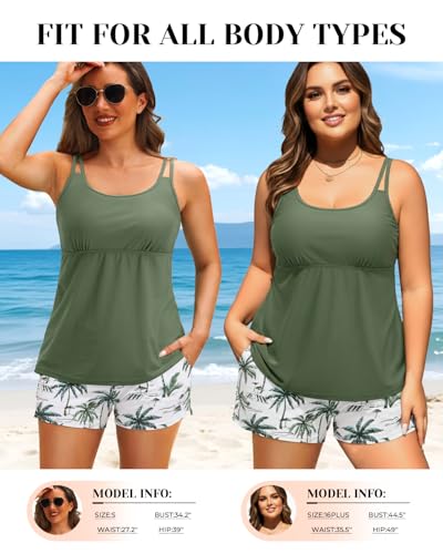 Tempt Me Green Leaves Two Piece Tankini Swimsuits for Women Tummy Control Bathing Suit with Shorts Athletic Swimwear XL
