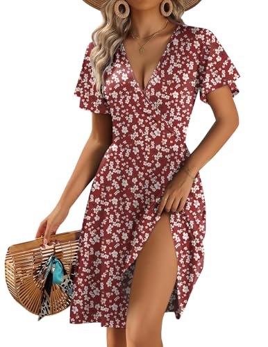 Zeago Dresses for Women 2026 V Neck Wrap Sun Dress Floral Summer Spring Beach Dress Casual A-Line Midi Sundress with Pockets