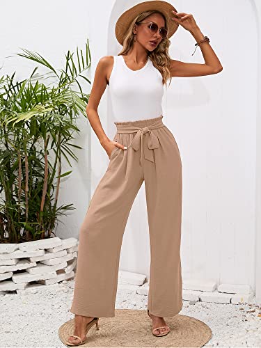 Heymoments Women's Wide Leg Lounge Pants with Pockets Khaki Medium Lightweight High Waisted Adjustable Tie Knot Loose Comfy Casual Trousers