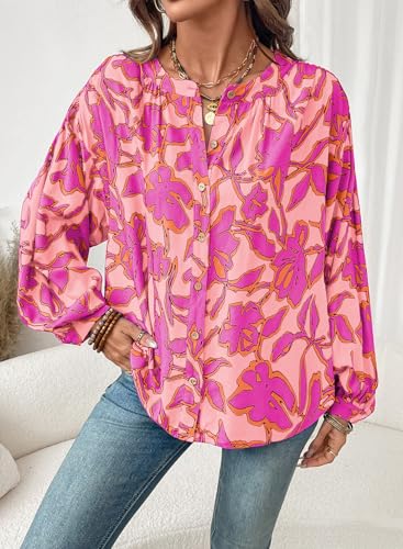 Astylish Womens Bohemian Plus Size Clothing Floral Oversized Summer Tops Abstract Flowy Ruched V Neck Breathable Lantern Sleeve Blouses Office Casual Button Up Shirts Pink XX-Large