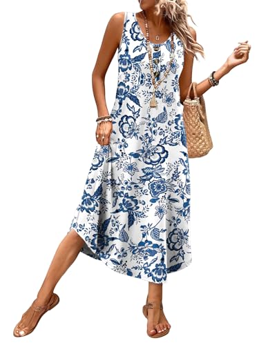 WIHOLL Summer Dresses for Women 2026 Flowy Boho Hawaiian Beach Vacation Casual Dresses for Women Spring Dress Cruise Outfits Resort Wear Sun Dress Midi Maxi Dress Sundresses Blue Floral M