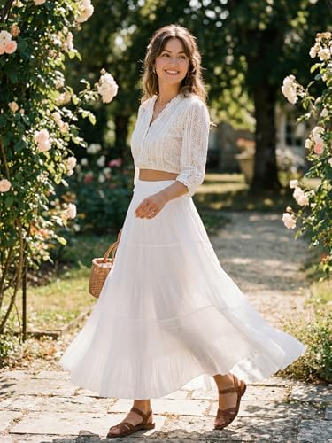 Shestellar Women's Floral Pleated Long Maxi Skirt | High Waist A-Line Flowy Summer Vacation Skirt - White M