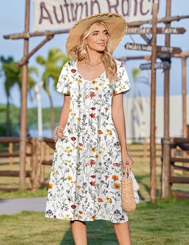 Zeagoo Womens Midi Dresses with Pockets Short Sleeve Dress for Women Long Summer Dresses 2026 Travel Floral Sundress White XL