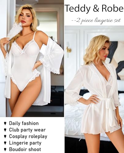 Avidlove Women's Lingerie Sets Sexy Body Suits Lace Robe Set 2 Piece Kimonos Teddy Mesh Sleepwear Nighty White M