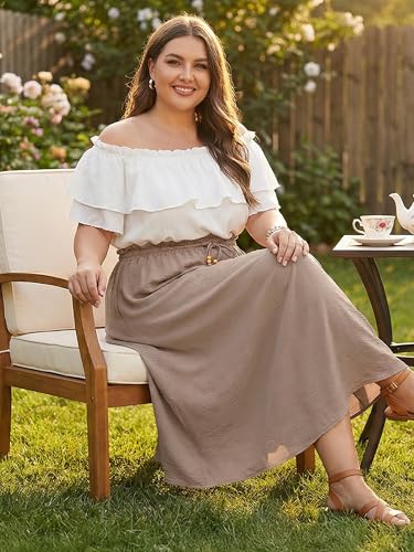Lastshe Plus Size Maxi Skirts for Women Summer Classic Boho Pleated Elastic High Waist A-line Long Skirt with Pockets,Black,2X