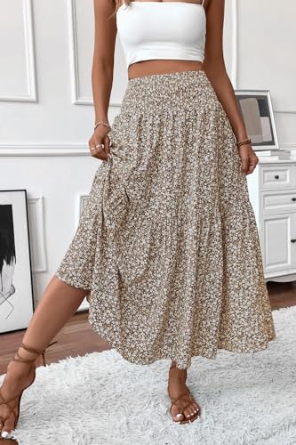 TuoGo Women's Smocked High Waist Maxi Long Skirt with Pockets (L,932-Khaki Floral)