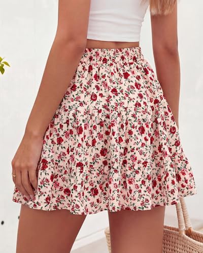 BTFBM Summer Skirts for Women 2026 Floral High Waist Shorts Underneath Boho Tiered Flowy Tennis Skorts Casual Mini Skirt(Floral Apricot Red, Small)