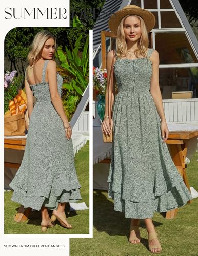 GRACE KARIN Women's 2025 Summer Floral Boho Dress Square Neck Strapped Swing A Line Sundress Beach Long Maxi OutfitsGreen M