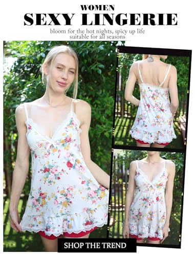 Avidlove Women's Lingerie Sexy Nightwear Spaghetti Strap Nightgown Babydoll Chemise White Floral Small