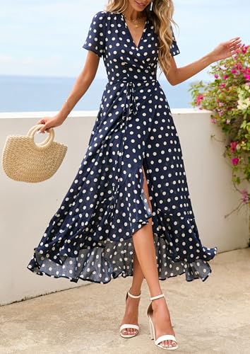PRETTYGARDEN Women's Boho Floral Maxi Dress Summer Short Sleeve Wrap V Neck Long Flowy Beach Vacation Wedding Guest Dresses (Dot Navy White,Large)