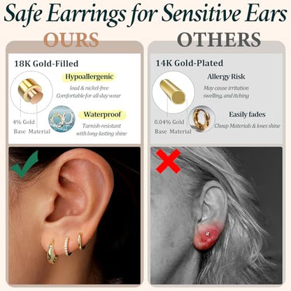 Poxtex Small 14K Gold Plated Huggie Hoop Earrings Set for Women, Hypoallergenic Trendy Hoops Stacks for Multiple Piercings, Dainty Cute Mini Lightweight Cartilage Helix Jewelry Gift Sensitive Ears
